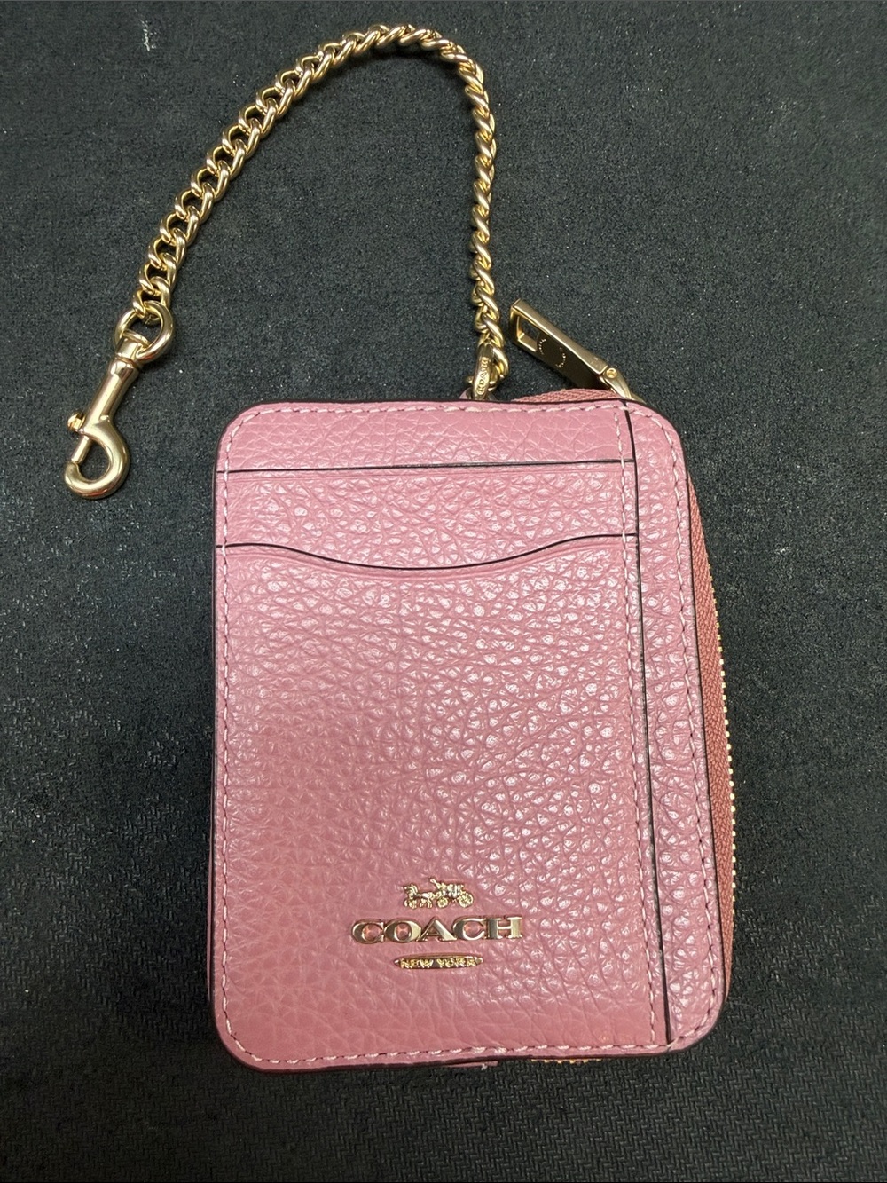 Coach Pink Leather Zipcard Case Wallet with Chain